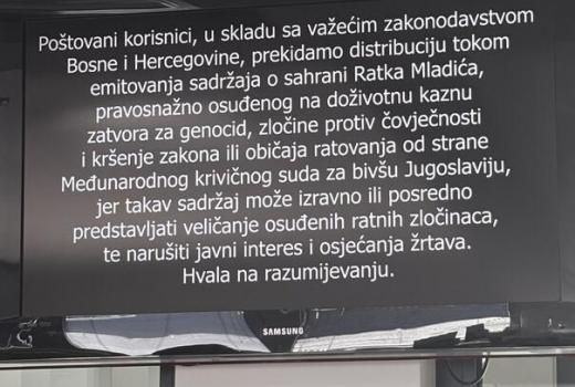 BH Telecom ukinuo signal RTRS-a zbog programa posvećenog sahrani ratnog zločinca Mladića